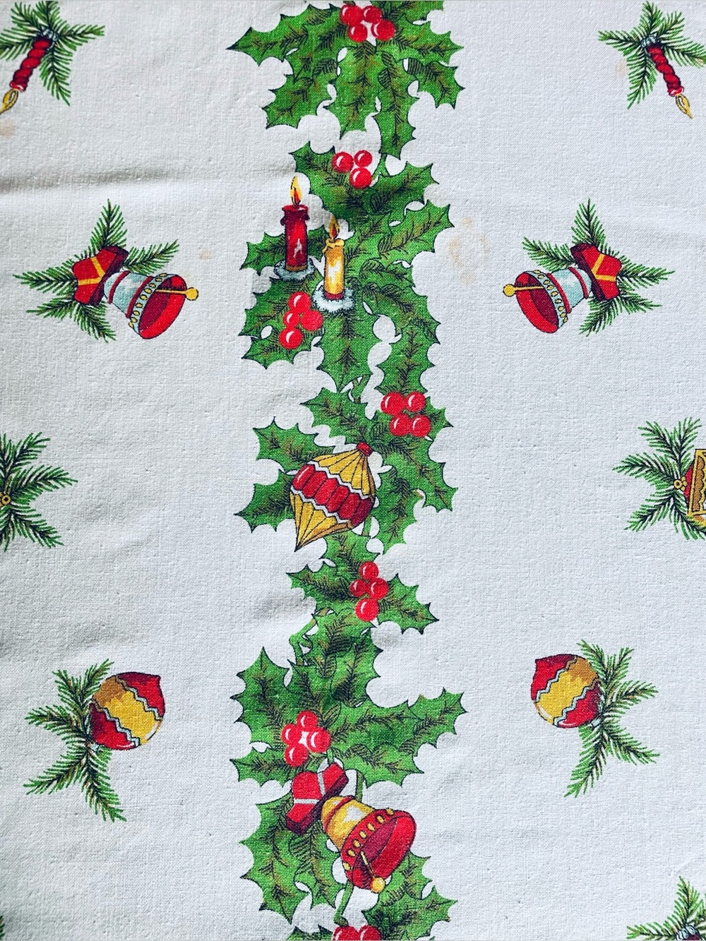 Vintage MCM Christmas Tablecloth Bucilla Holly Bells Ornaments Candles 58x82